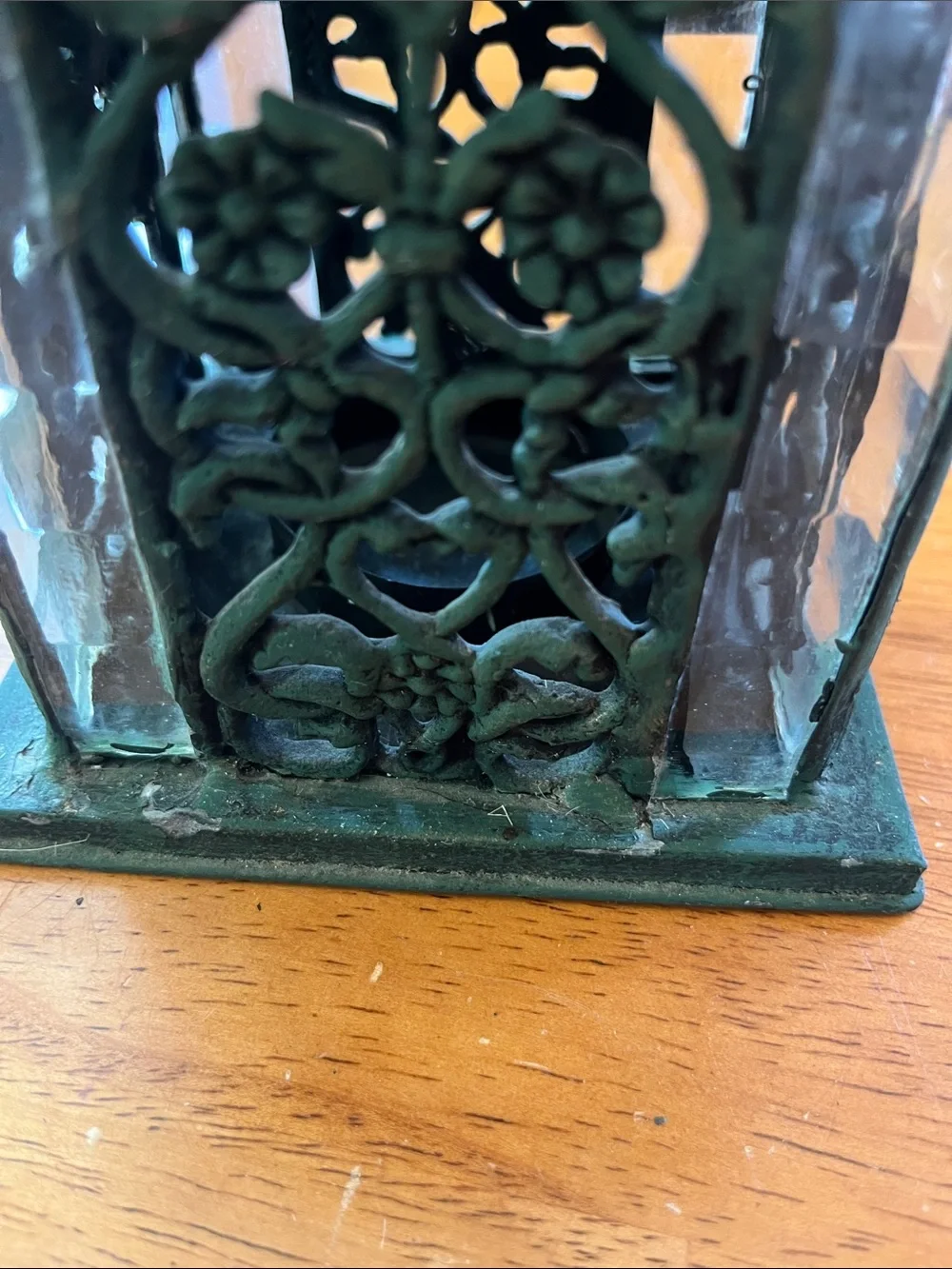 Green Decorative Metal and Glass Cathedral style tea light Lantern